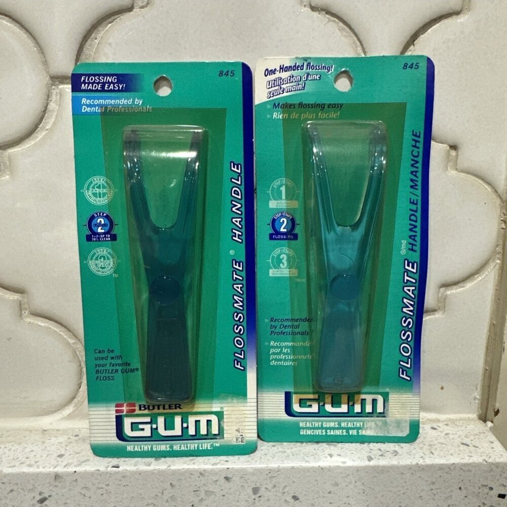 2x GUM FLOSSMATE HANDLE For Dental Floss One Handed Flossing Green NEW OLD STOCK